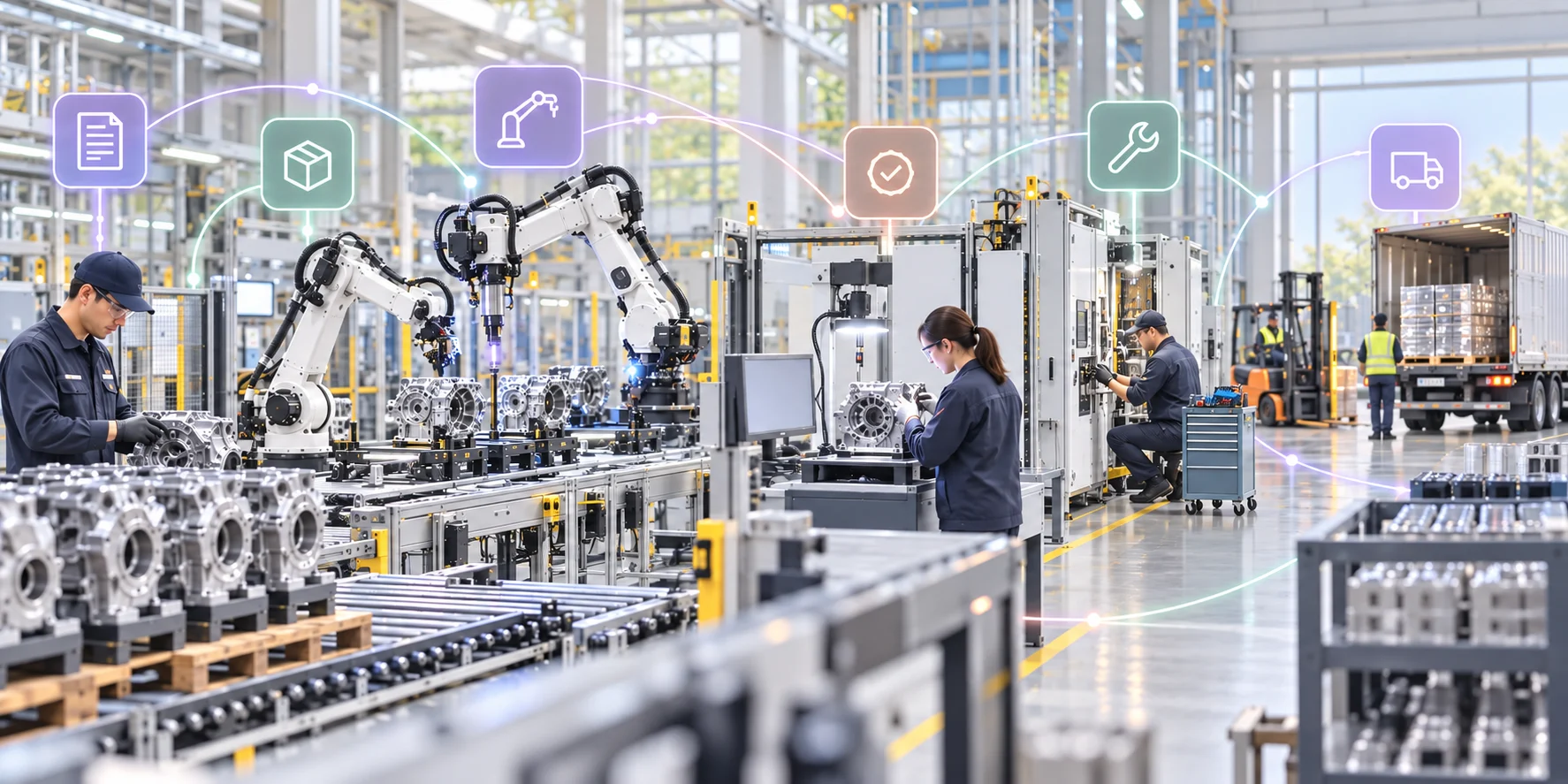 Bright connected manufacturing plant showing production, quality, maintenance, and logistics context