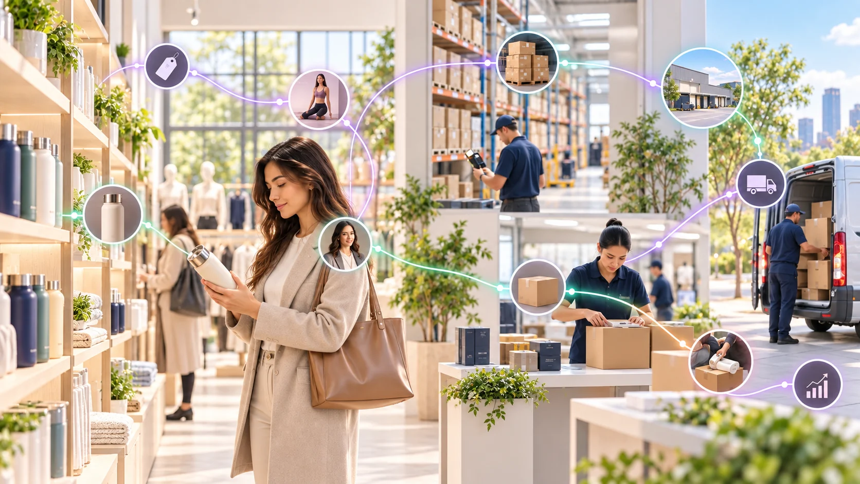 Bright retail store connected to shopper, inventory, fulfillment, delivery, and margin context