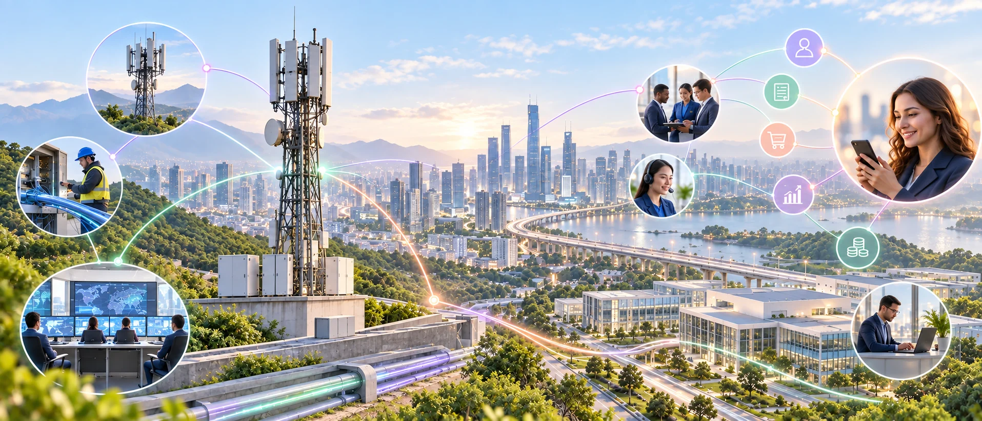 Bright telecom network connected to service, customer, order, billing, revenue, and finance context